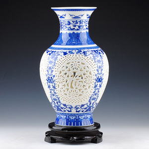 景德镇陶瓷器 象牙薄胎镂空青花瓷花瓶 现代时尚家居客厅装饰摆件